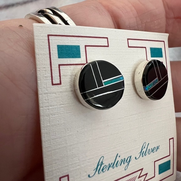 ❤️ SIGNED Native “8M” Zuni Black Onyx & Opal Stud Earrings 925 New Mexico 9.6mm - Picture 4 of 14